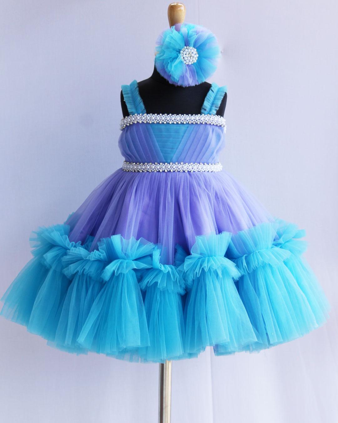 Lavender & Skyblue Combo Handwork Pleated Ruffles Birthday Frock - Stanwells Kids