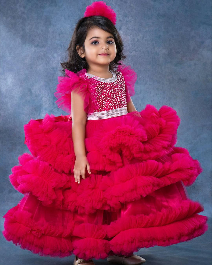 Ranypink Shade Heavy Handwork Layered Ruffles Gown- Matching Hairband Stanwells Kids