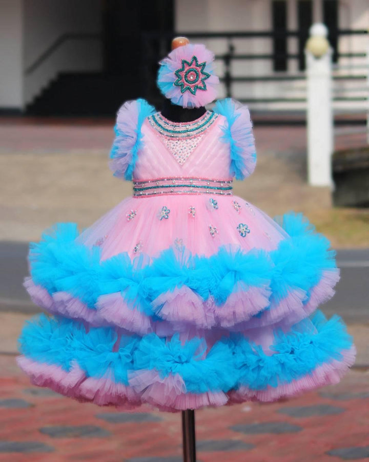Baby Pink and Sky Blue shade heavy Party wear frock.