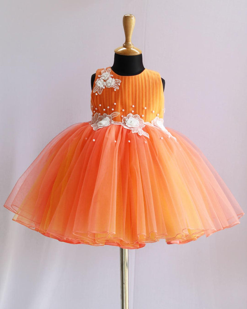 Coral & Yellow Dual Shade Sleeveless Flower Frock