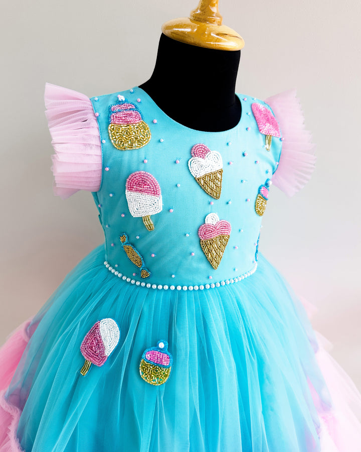 Sky Blue & Baby Pink Candy Theme Birthday Frock – Handwork Appliqué Party Dress for Baby Girls by Stanwells Kids