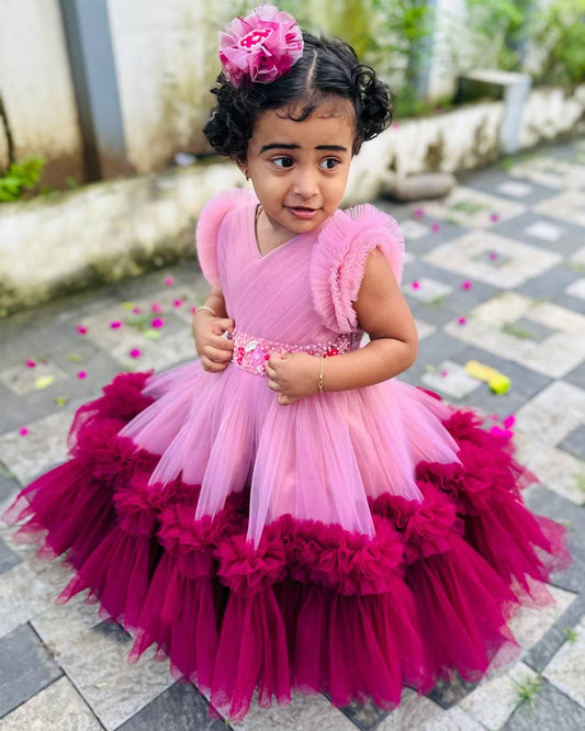 Dust pink grapevine combo ruffles handwork birthday frock for baby girl – Stanwells Kids