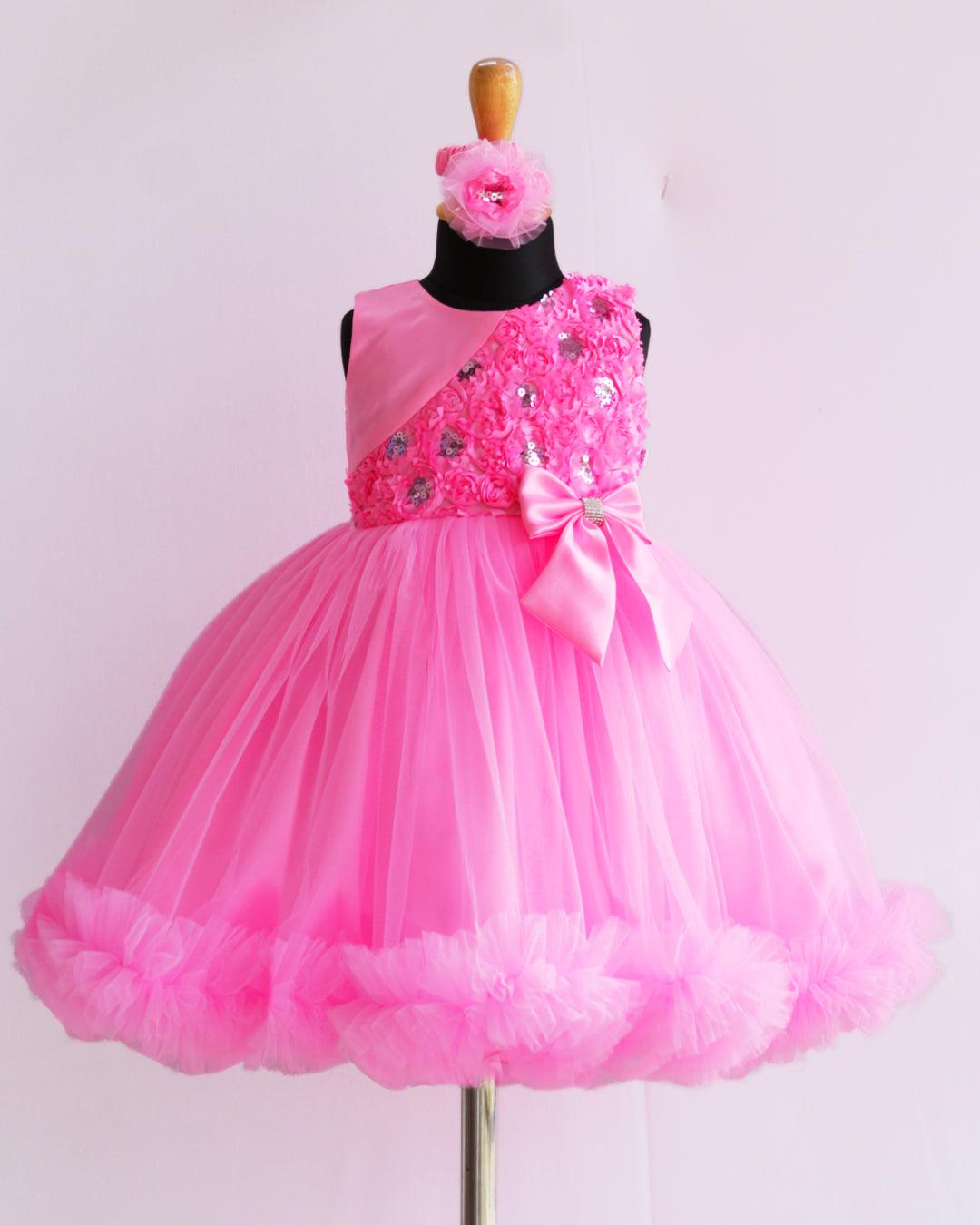 Baby Pink Shade Flower Emboss Ruffles Partywear Bow Frock - Stanwells Kids