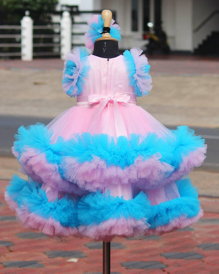 Baby Pink and Sky Blue shade heavy Party wear frock.