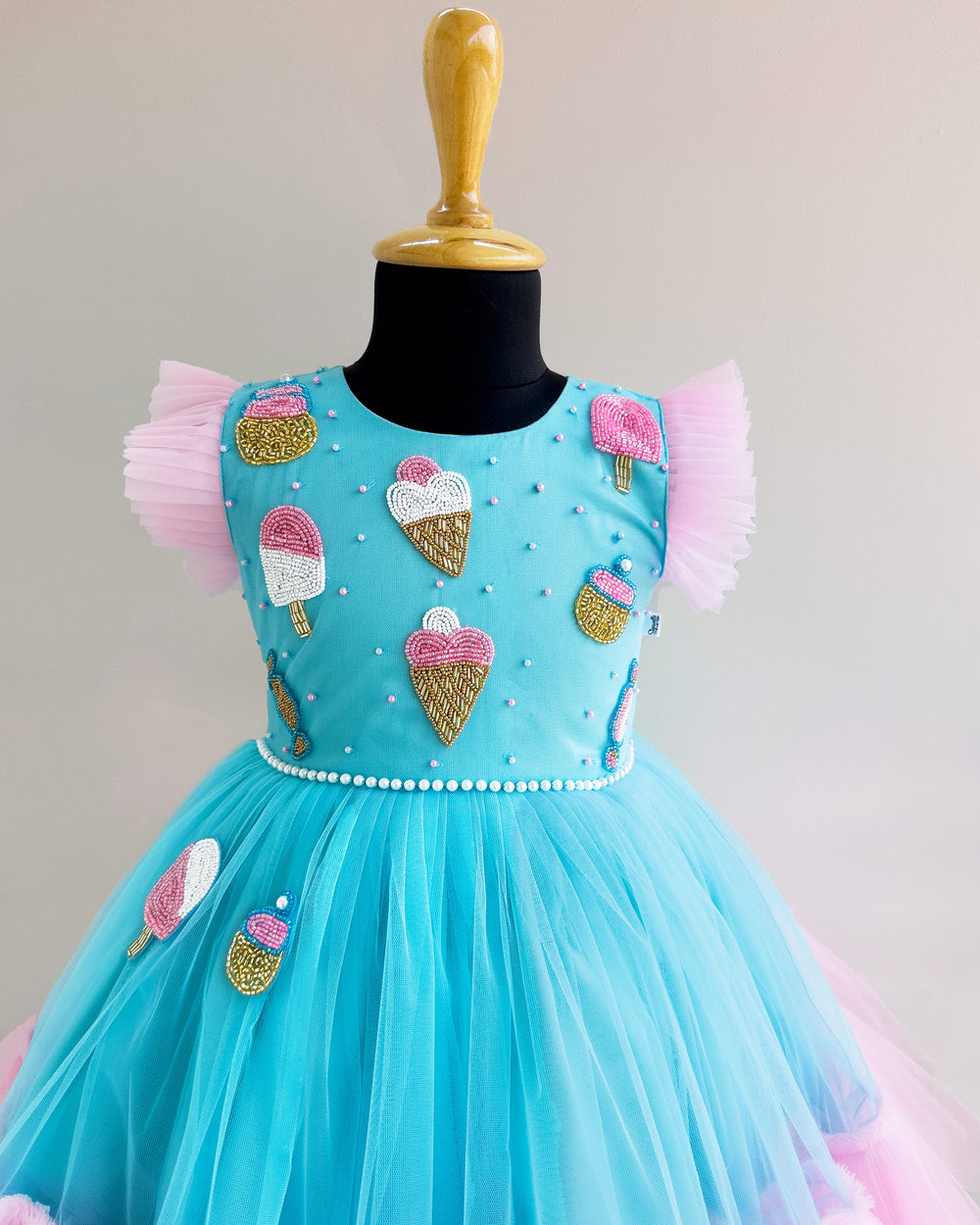 Sky Blue & Baby Pink Candy Theme Birthday Frock – Handwork Appliqué Party Dress for Baby Girls by Stanwells Kids