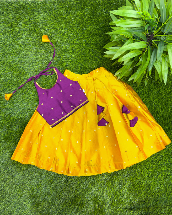 Violet mango yellow silk lehenga choli for baby girls, festive ethnic wear, birthday dress for girls, traditional kids outfit