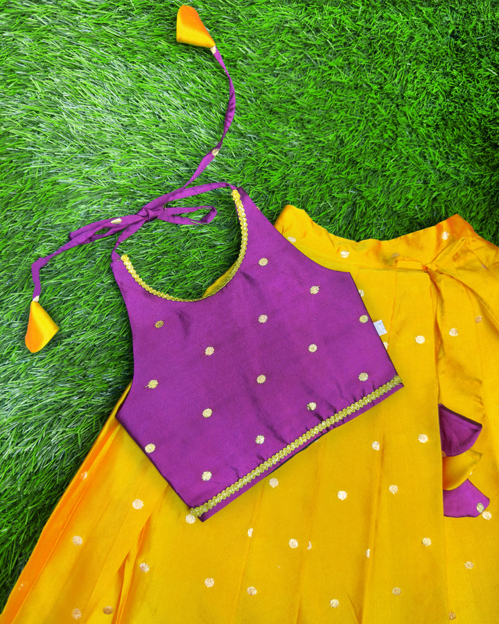 Violet mango yellow silk lehenga choli for baby girls, festive ethnic wear, birthday dress for girls, traditional kids outfit