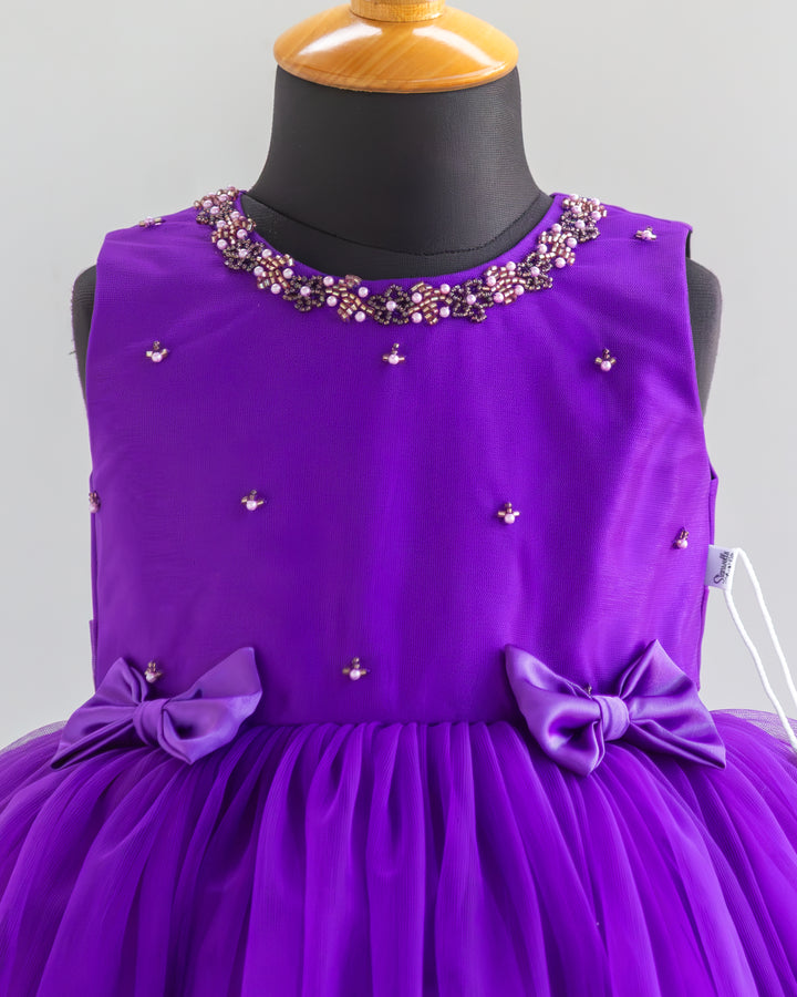 Decorative handwork bow yoke detail on violet shade birthday party frock – Stanwells Kids