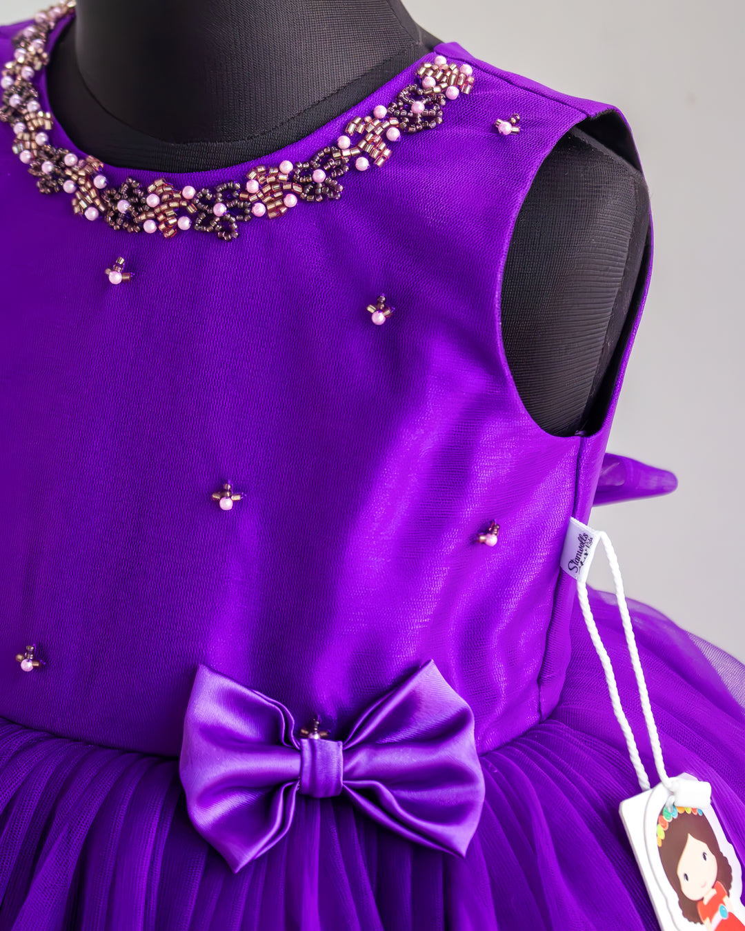 Layered net skirt on violet handwork bow frock for baby girl – Stanwells Kids