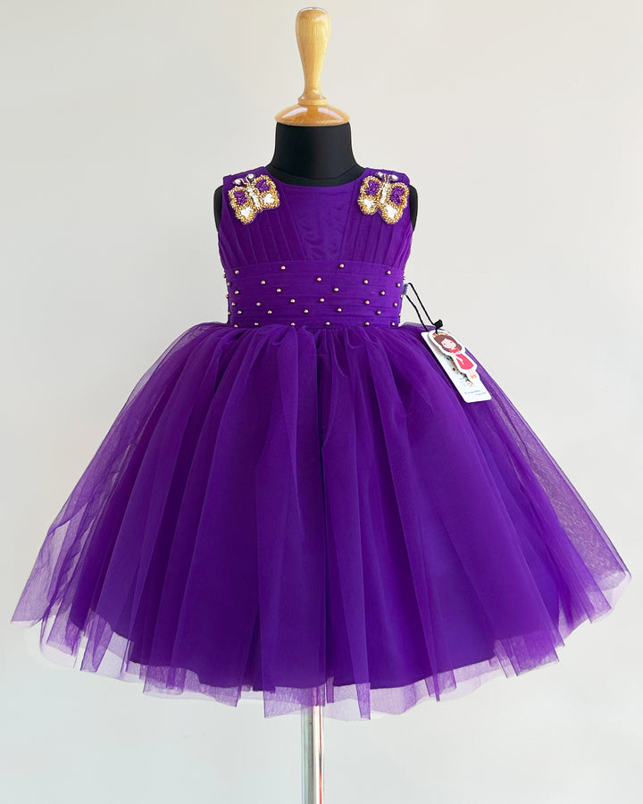 Violet Shade Pleated Handwork Butterfly Partywear Frock