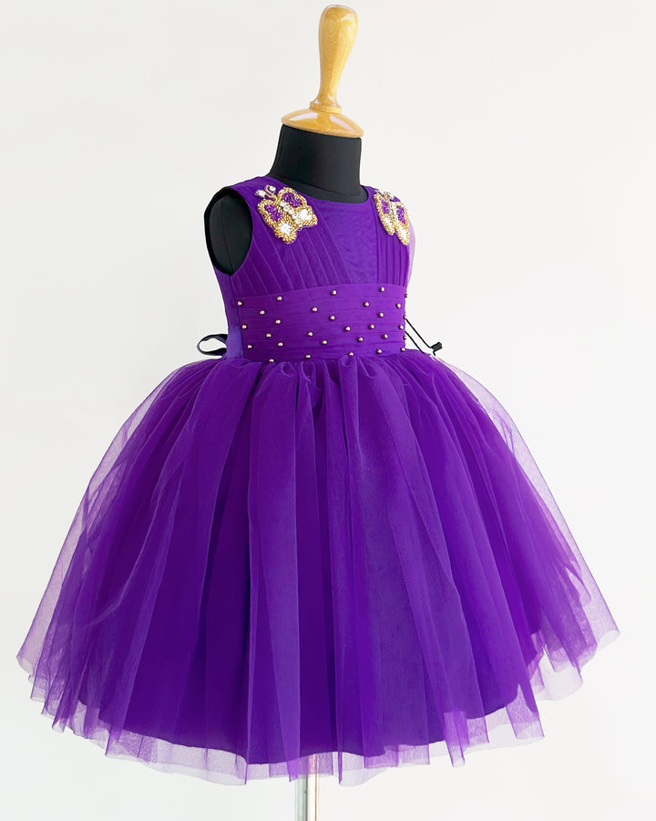 Violet Shade Pleated Handwork Butterfly Partywear Frock