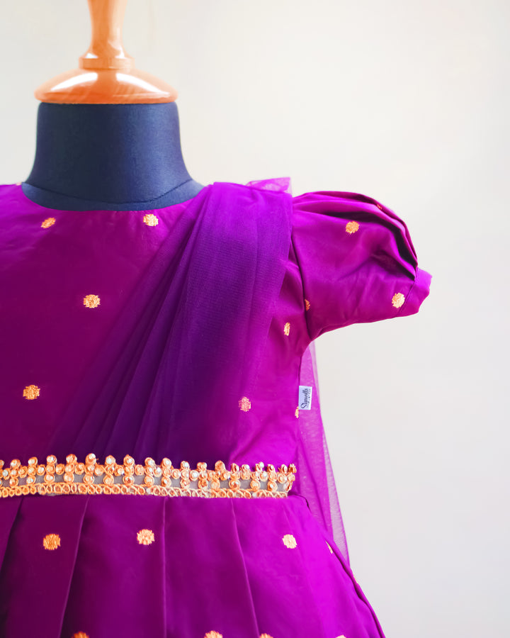 Violet silk butti frock, ethnic party wear, baby girl birthday dress, festive kids frock, violet shade girls frock
