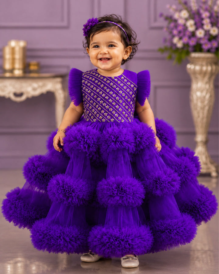 Violet shade baby girl birthday dress, 3 step ruffle frock, party wear dress for kids, violet handwork frock, designer baby birthday outfit