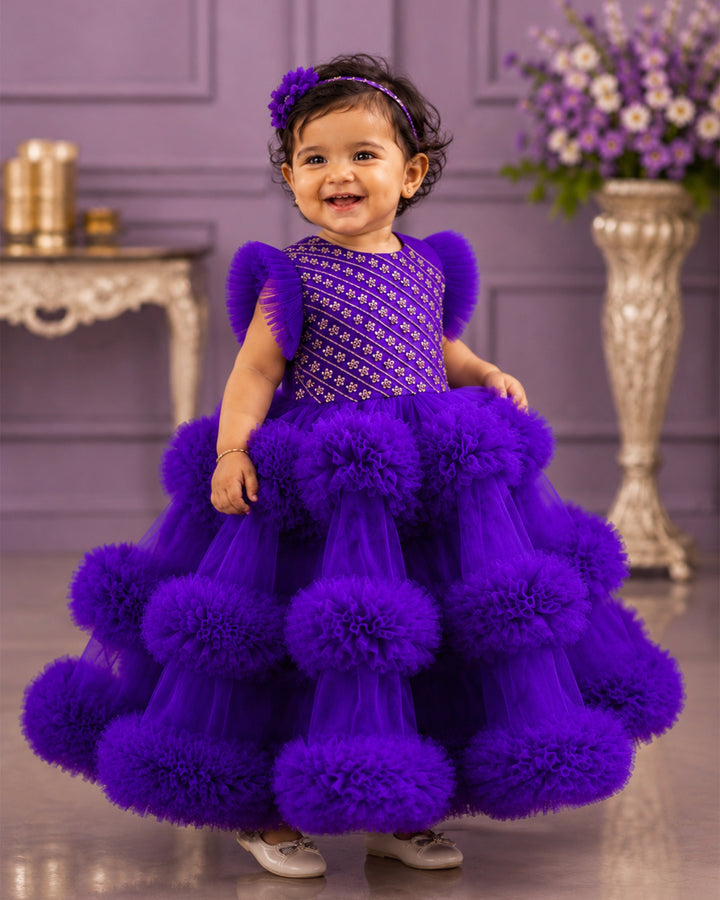 Violet shade baby girl birthday dress, 3 step ruffle frock, party wear dress for kids, violet handwork frock, designer baby birthday outfit