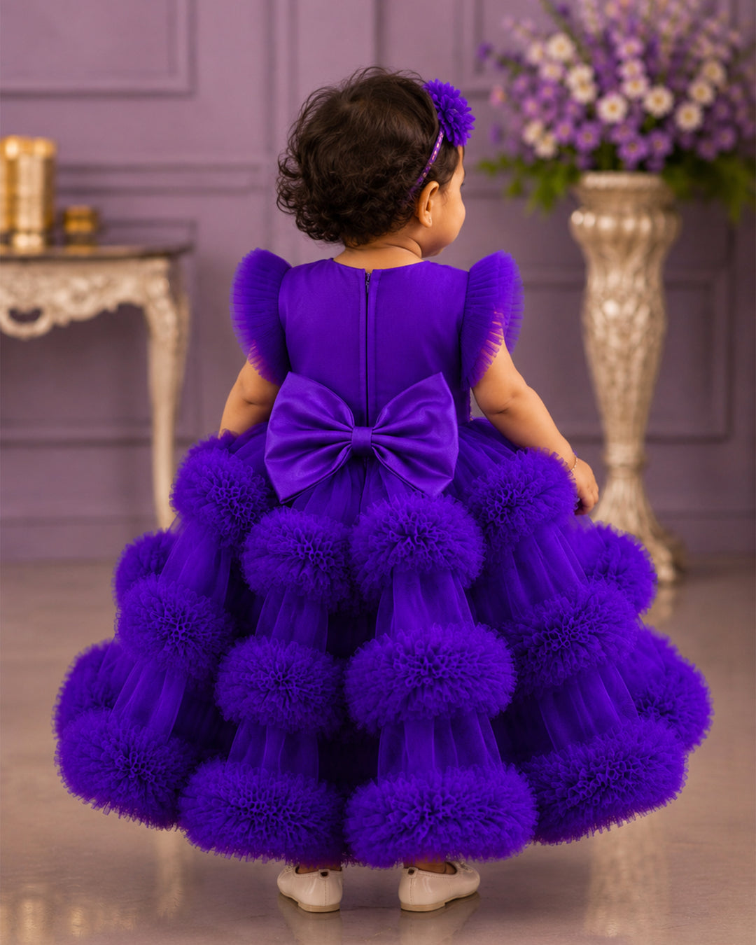 Violet shade baby girl birthday dress, 3 step ruffle frock, party wear dress for kids, violet handwork frock, designer baby birthday outfit