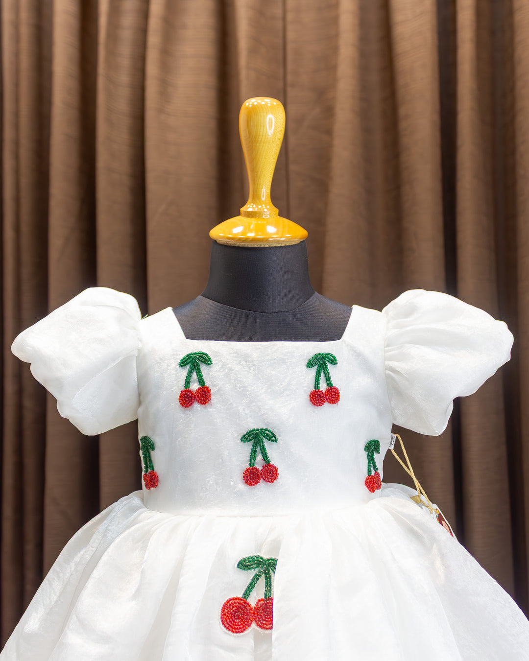 White organza cherry embroidered baby girls birthday dress, elegant partywear frock for kids, premium designer dress, Stanwells Kids