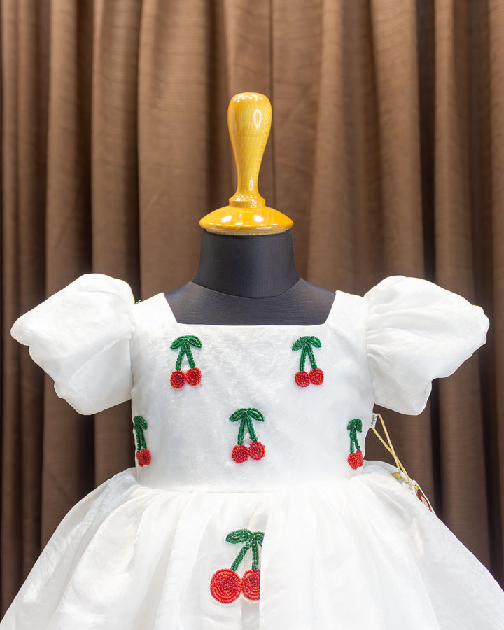 White organza cherry embroidered baby girls birthday dress, elegant partywear frock for kids, premium designer dress, Stanwells Kids