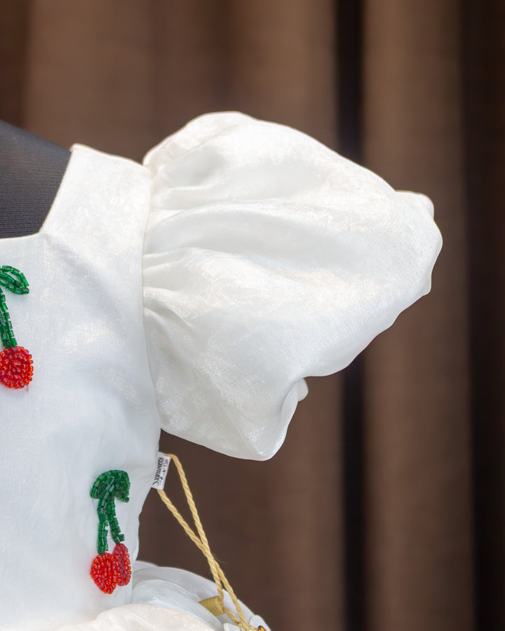 White organza cherry embroidered baby girls birthday dress, elegant partywear frock for kids, premium designer dress, Stanwells Kids