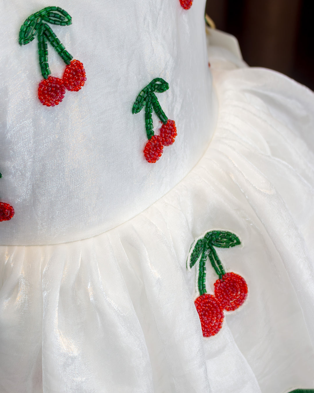 White organza cherry embroidered baby girls birthday dress, elegant partywear frock for kids, premium designer dress, Stanwells Kids