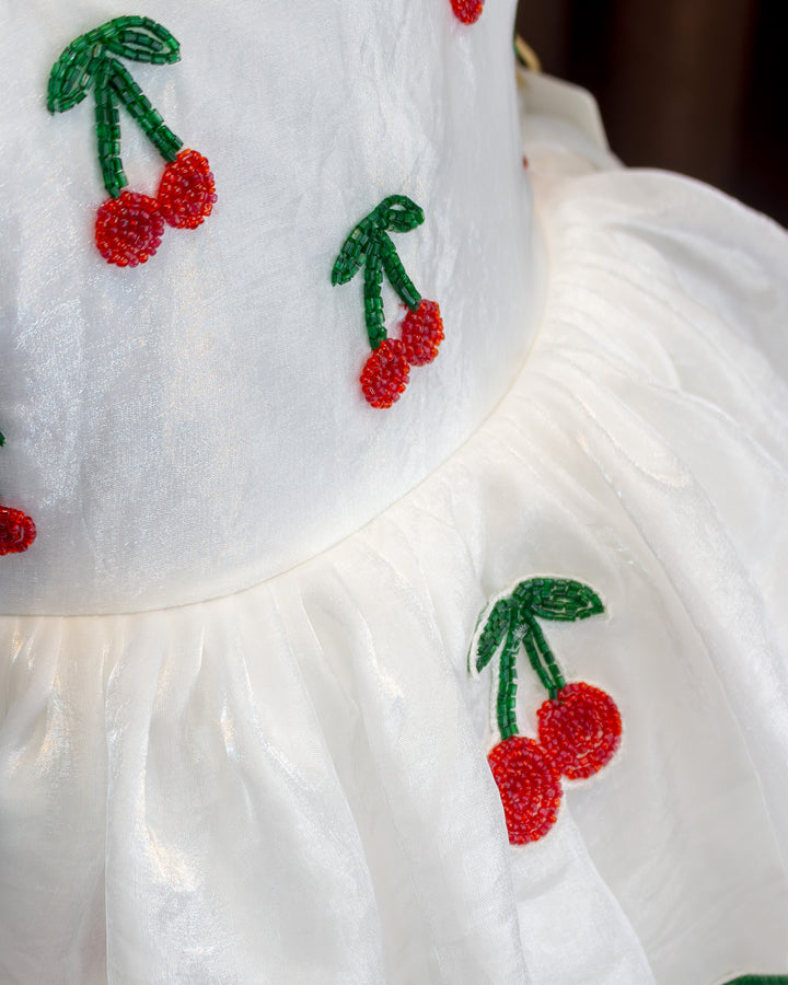 White organza cherry embroidered baby girls birthday dress, elegant partywear frock for kids, premium designer dress, Stanwells Kids
