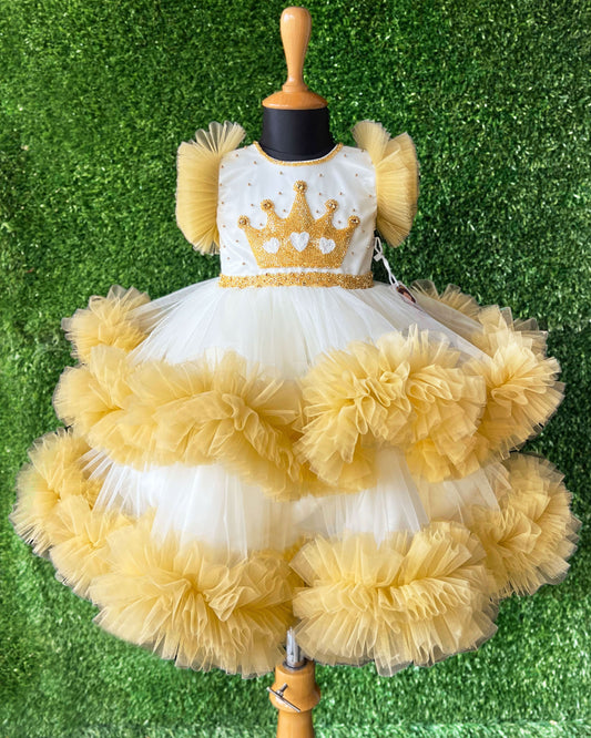 Cream golden crown heavy handwork birthday gown for baby girl – Stanwells Kids