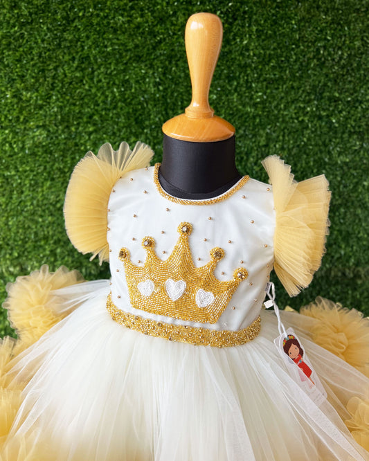Cream golden crown gown front view – Stanwells Kids