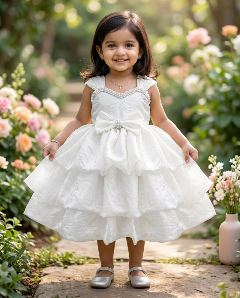 White Shade Partywear Western Style Premium Silk Layer Frock
