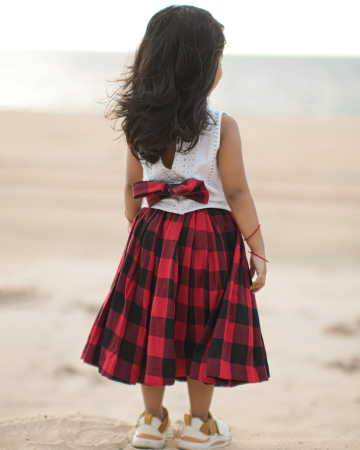 white and red christmas outfit for girls, cotton check skirt and top, baby girls birthday dress, christmas party wear dress for baby girl, toddler christmas outfit india, stanwells kids christmas dress