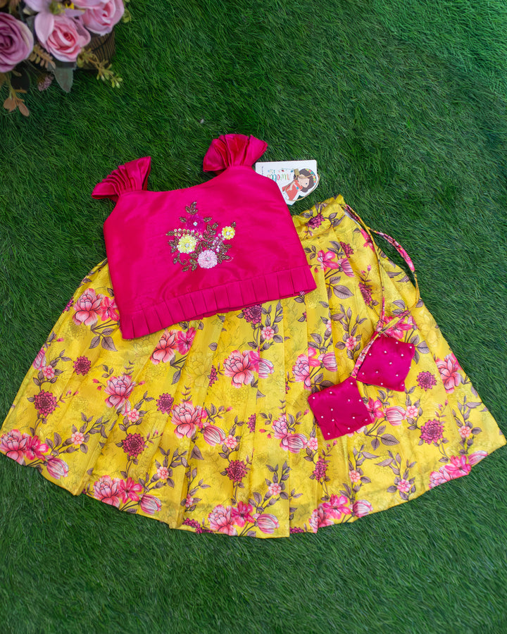 Yellow Banarasi Silk Lehenga Golden Bead Handwork Yoke – Stanwells Kids