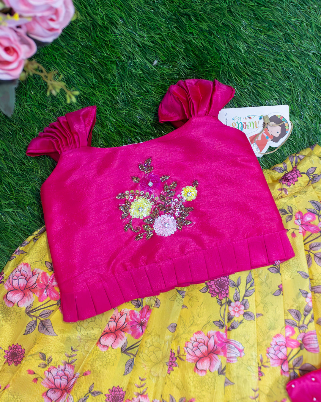 Yellow Chinon Floral Lehenga Pleated Strap Sleeve – Stanwells Kids