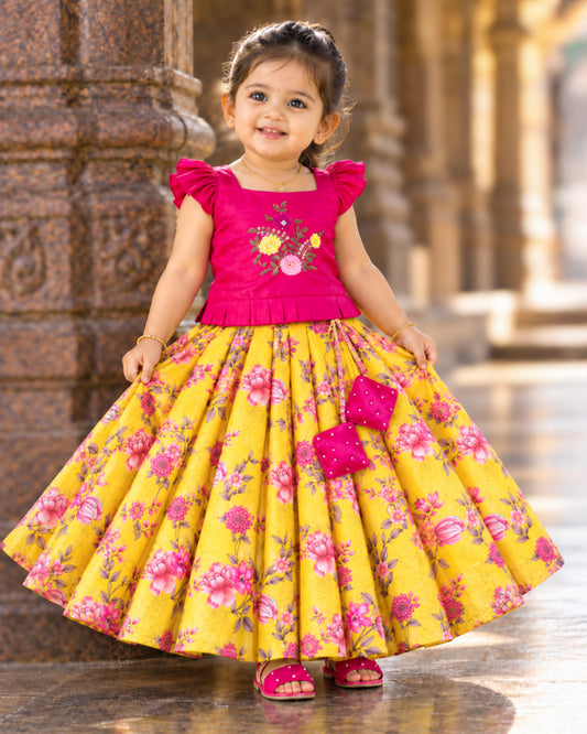 Yellow Chinon Floral Print Handwork Lehenga for Baby Girl – Stanwells Kids