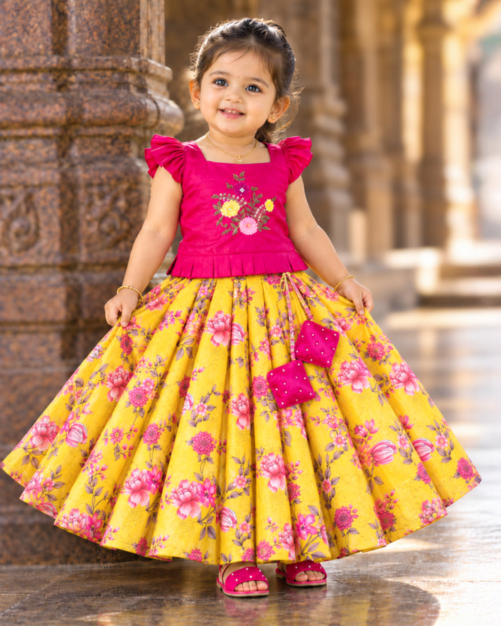 Yellow Chinon Floral Print Handwork Lehenga for Baby Girl – Stanwells Kids