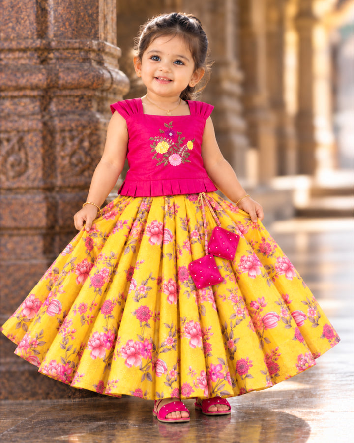 Yellow Chinon Floral Handwork Lehenga – with Banarasi silk, golden bead handwork & poplin lining – Stanwells Kids