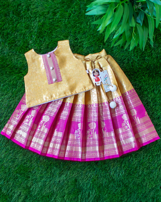 Yellow and magenta pure Banarasi silk lehenga choli for baby girl – front view, Stanwells Kids