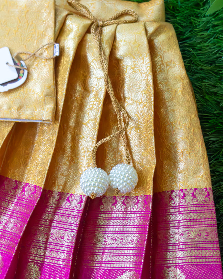 Yellow magenta Banarasi silk lehenga choli full look for baby girl – Stanwells Kids