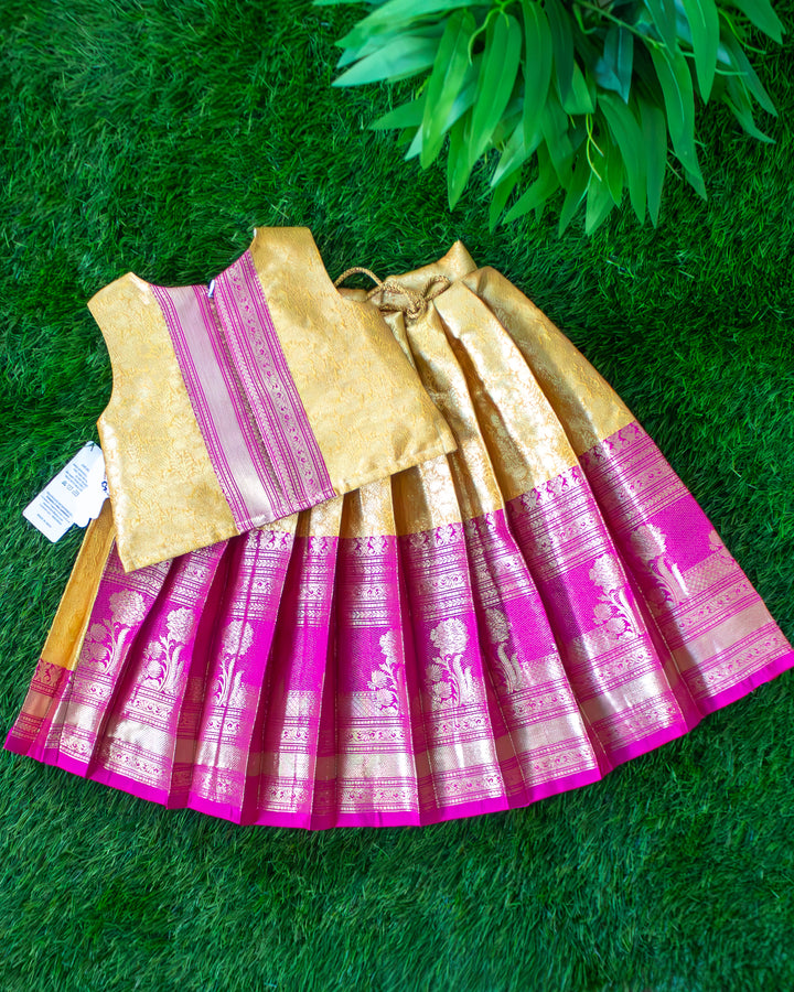 Traditional yellow magenta Banarasi brocade lehenga choli for girls 3 months to 7 years – Stanwells Kids