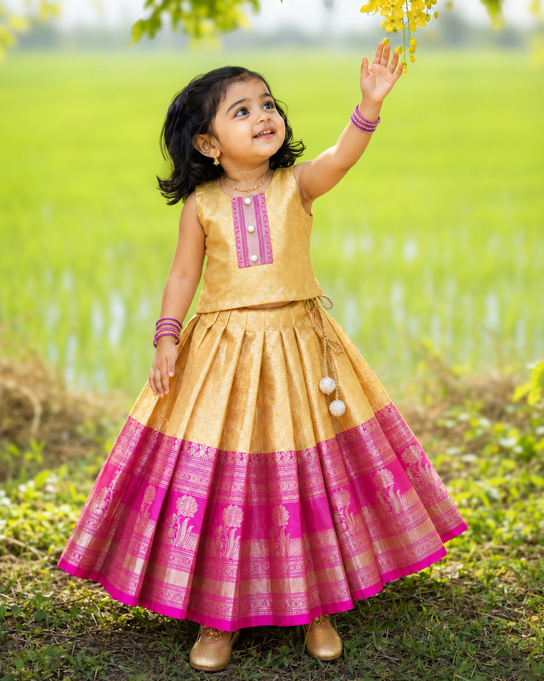 Yellow and magenta pure Banarasi silk lehenga choli for baby girl – front view, Stanwells Kids