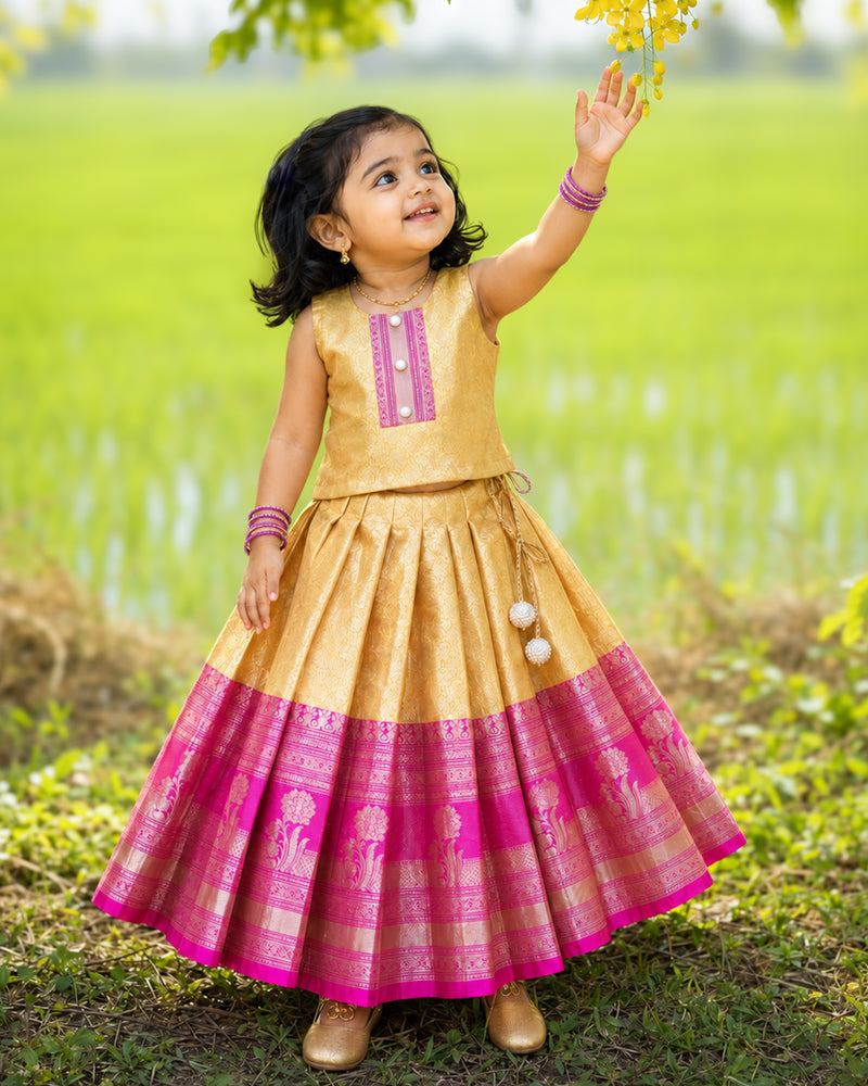 Yellow & Magenta Pure Banarasi Silk Lehenga Choli for Baby Girl – Stanwells Kids