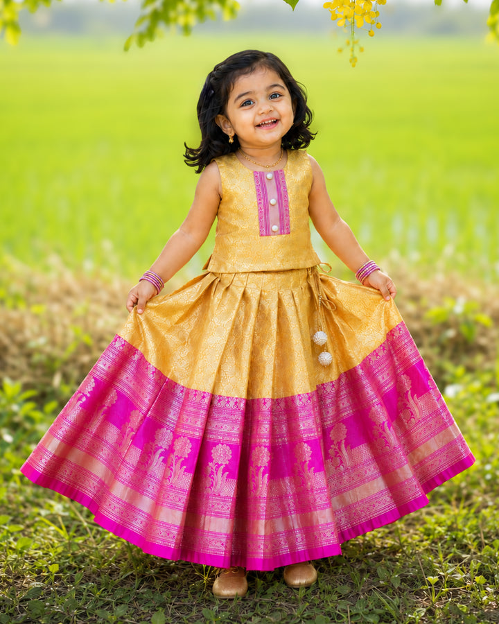 Yellow and magenta pure Banarasi silk lehenga choli for baby girl – front view, Stanwells Kids