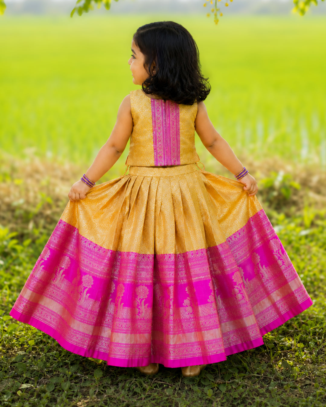 Traditional yellow magenta Banarasi brocade lehenga choli for girls 3 months to 7 years – Stanwells Kids