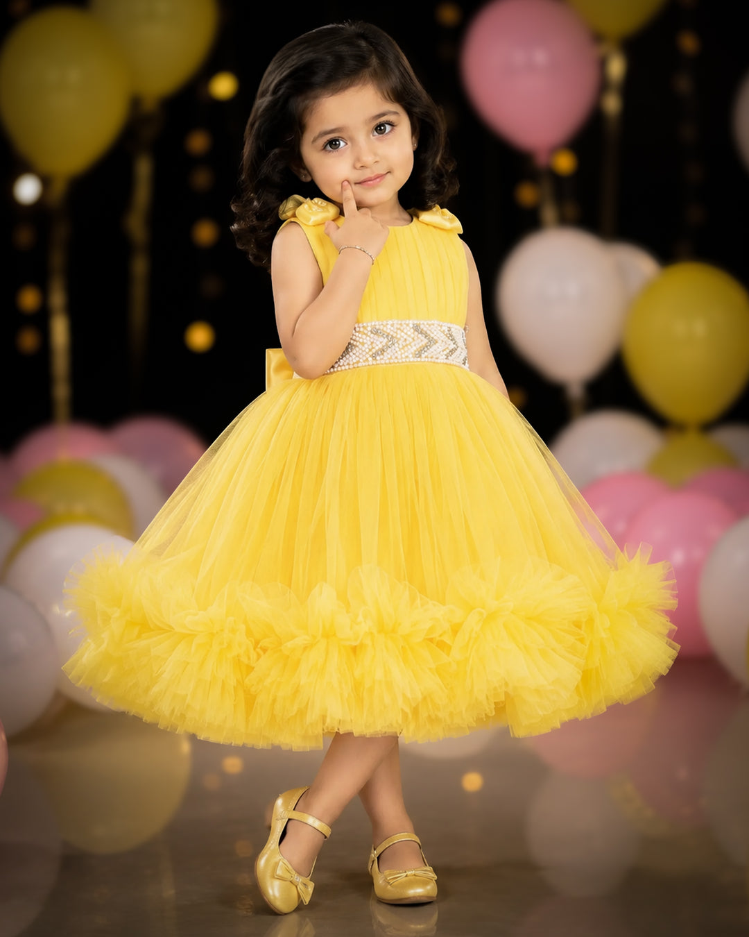 Yellow ruffled pleated bow frock front view baby girl – Stanwells Kids