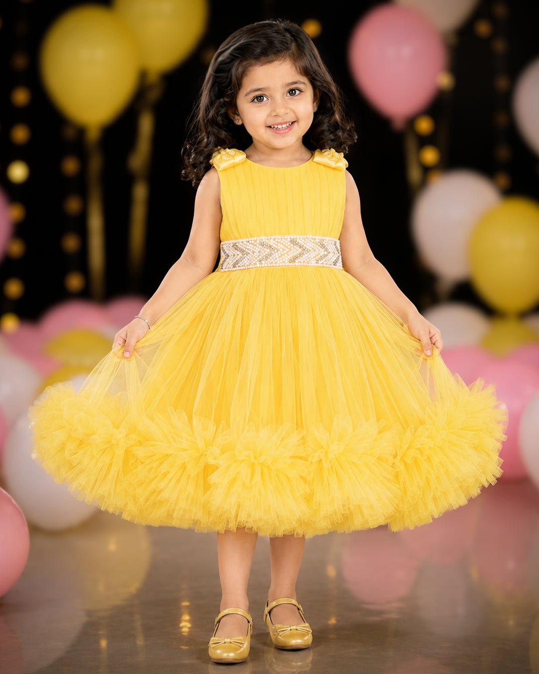 Yellow ruffled pleated bow frock front view baby girl – Stanwells Kids