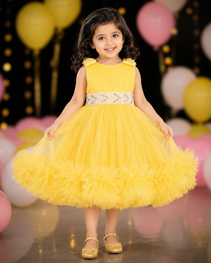 Yellow ruffled pleated bow frock front view baby girl – Stanwells Kids