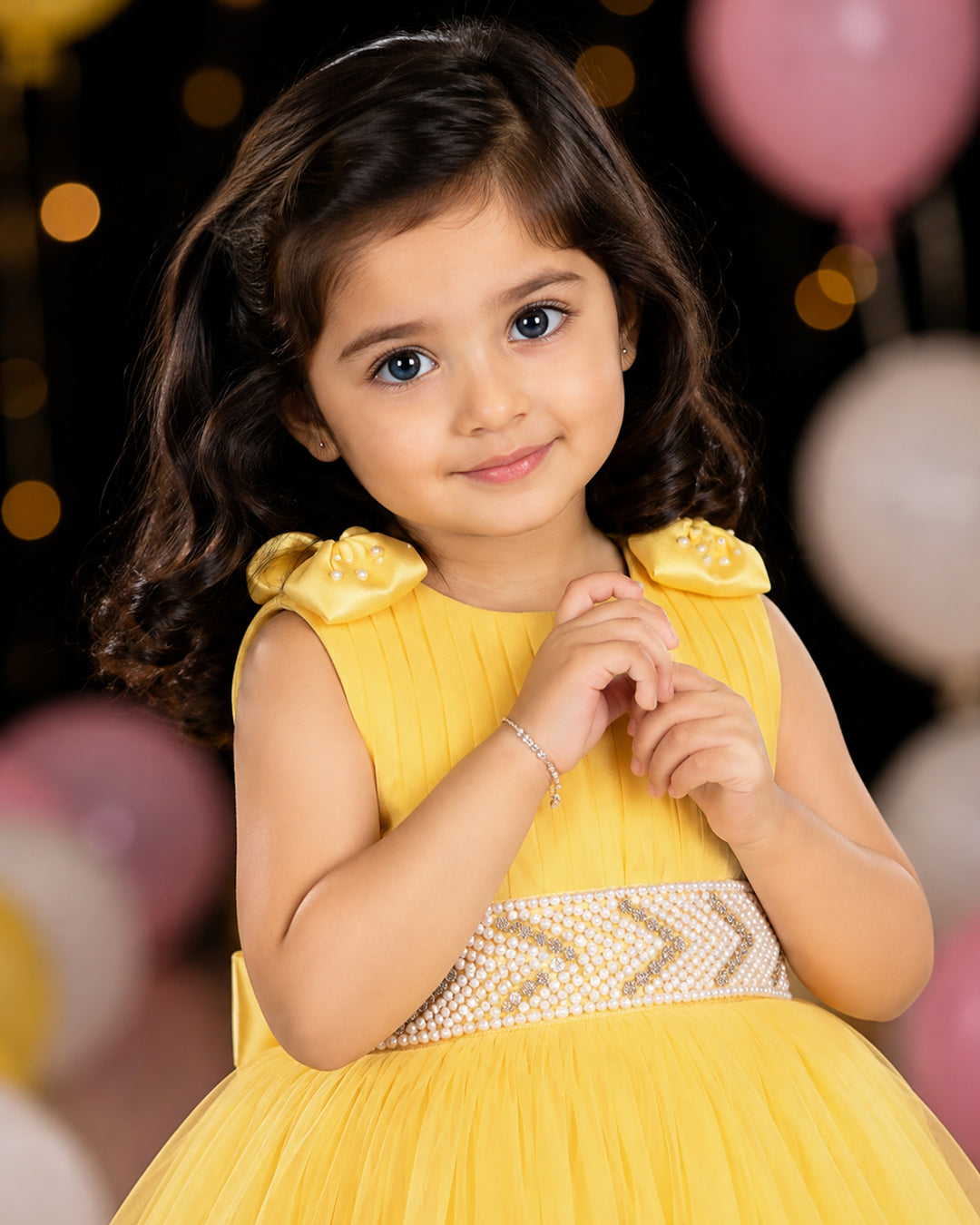 Yellow ruffled pleated bow frock front view baby girl – Stanwells Kids
