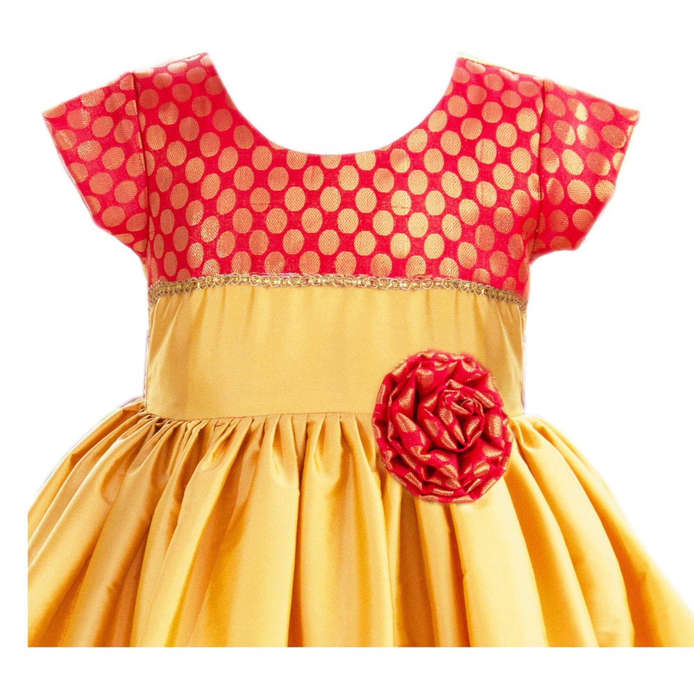 Golden Yellow and Red Combo Babygirls Silk Frock