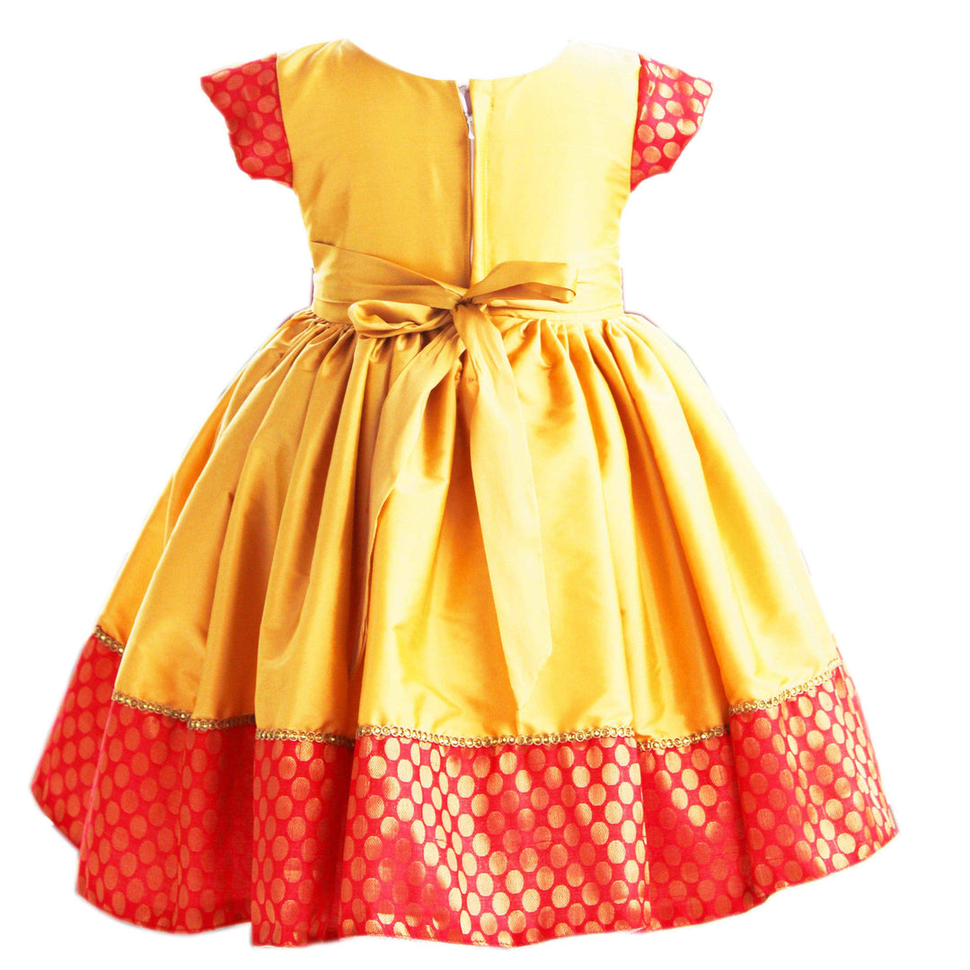 Golden Yellow and Red Combo Babygirls Silk Frock
