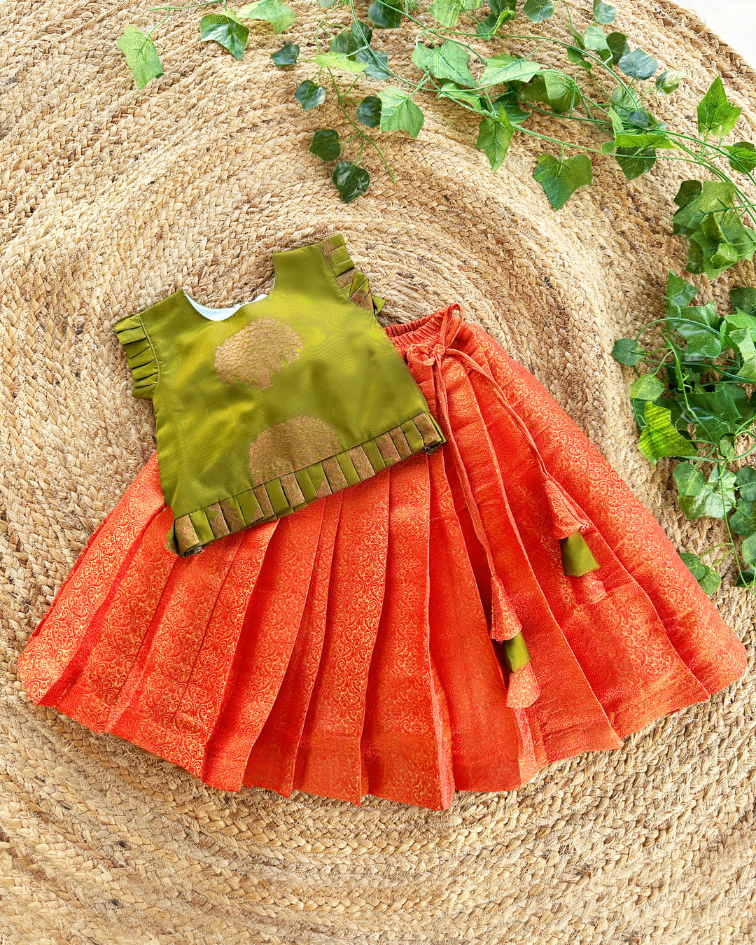 Baby girl birthday dress, olive green silk lehenga choli, toddler ethnic outfit, orange festive wear for kids, traditional Indian dress baby girl


