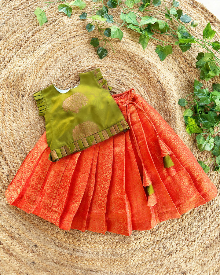 Baby girl birthday dress, olive green silk lehenga choli, toddler ethnic outfit, orange festive wear for kids, traditional Indian dress baby girl


