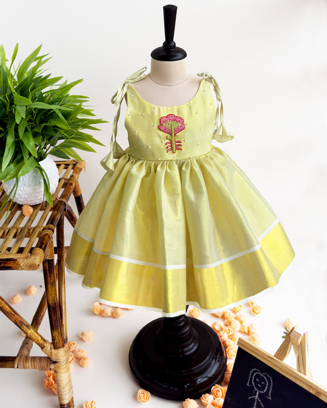 baby girl birthday dress kerala tissue embroidery frock lime gold