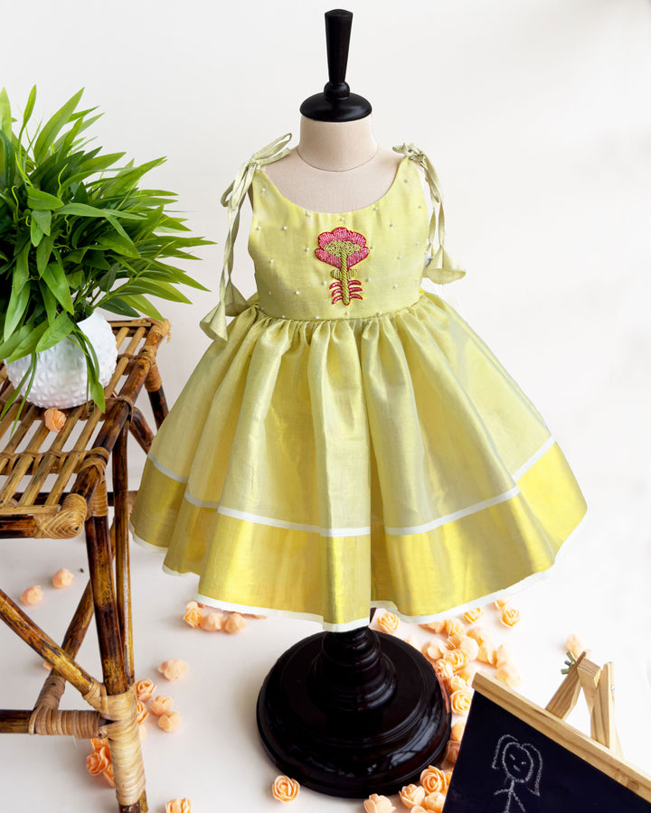 baby girl birthday dress kerala tissue embroidery frock lime gold